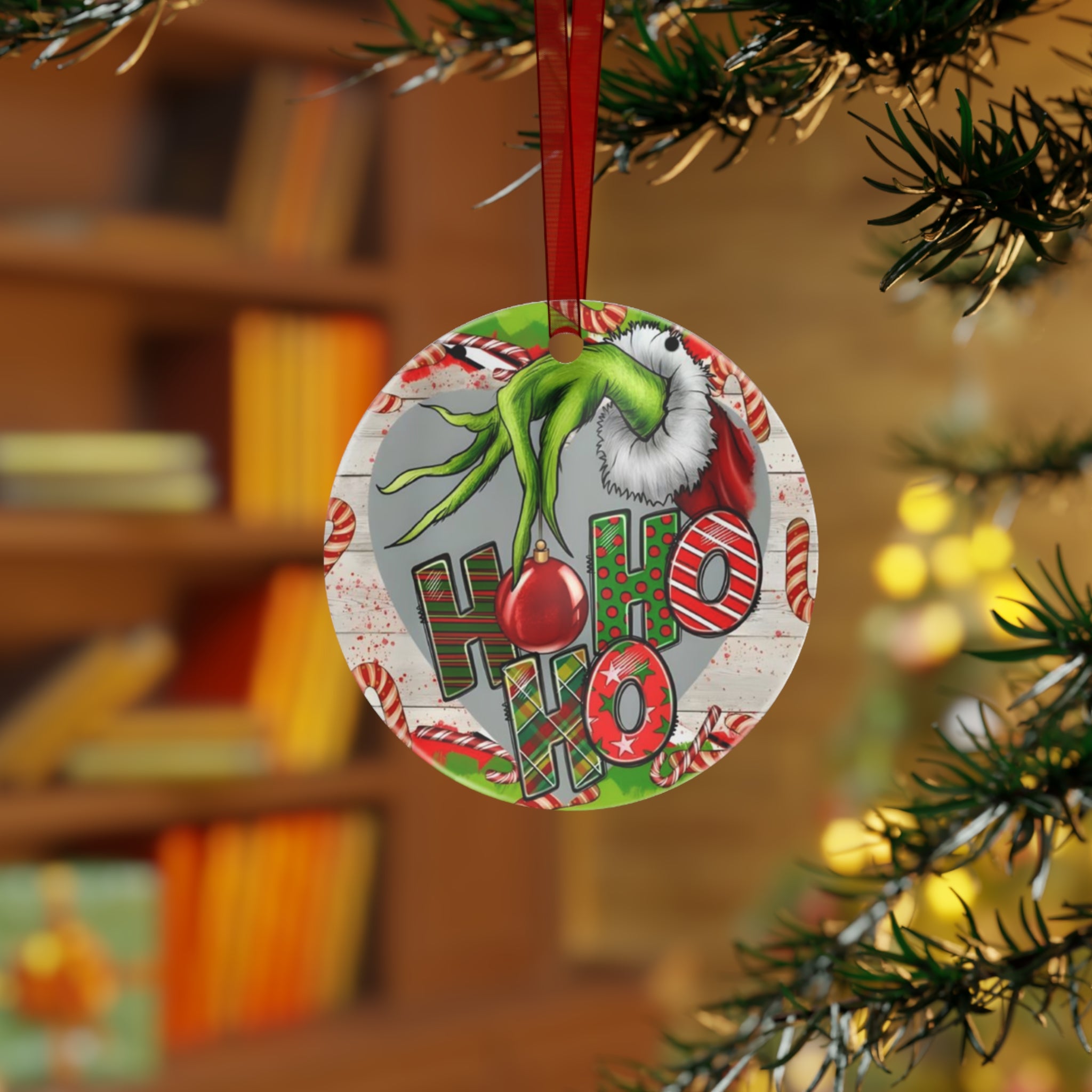 Grinch Ho Ho Ho Metal Christmas Ornament — Funny Holiday Tree Decoration