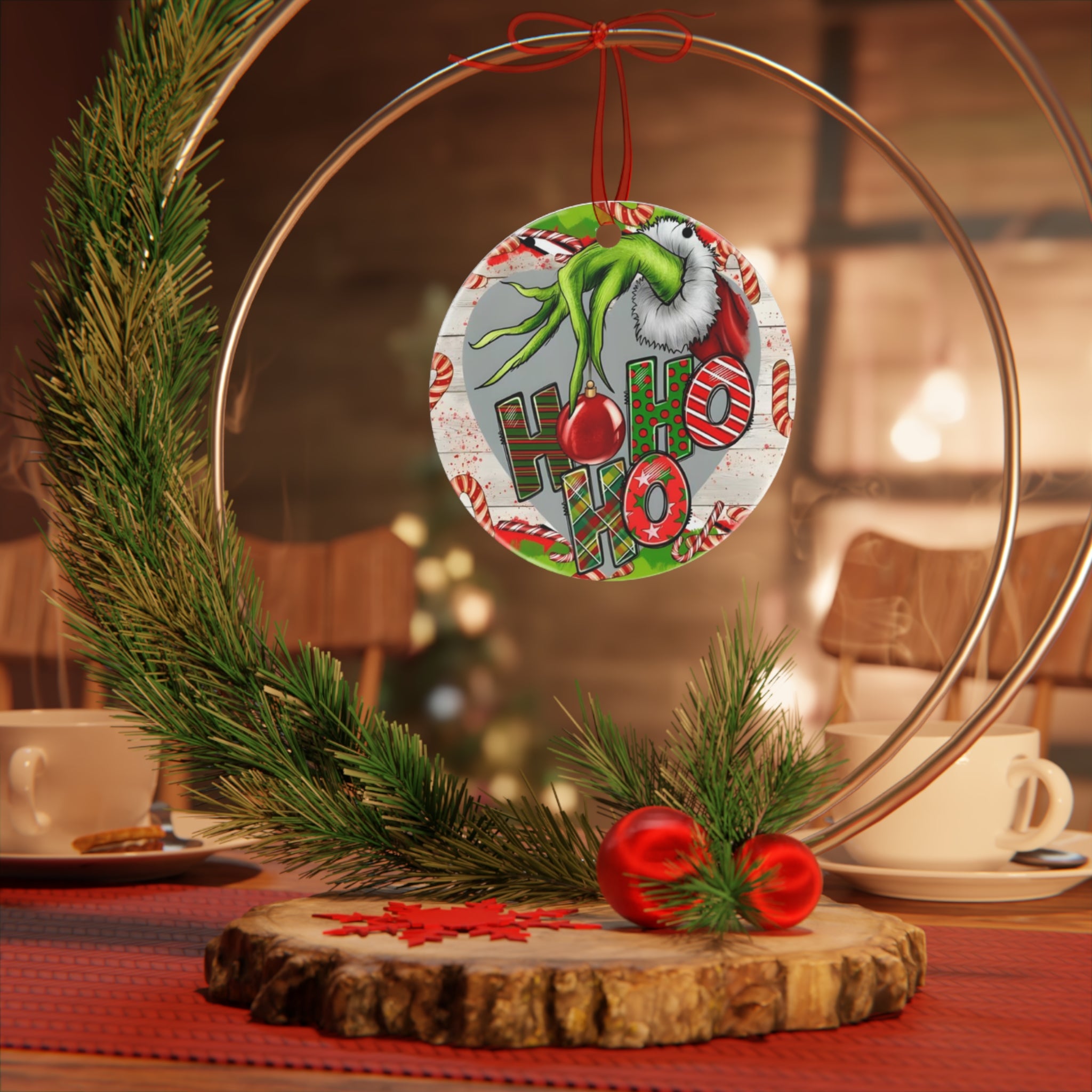 Grinch Ho Ho Ho Metal Christmas Ornament — Funny Holiday Tree Decoration