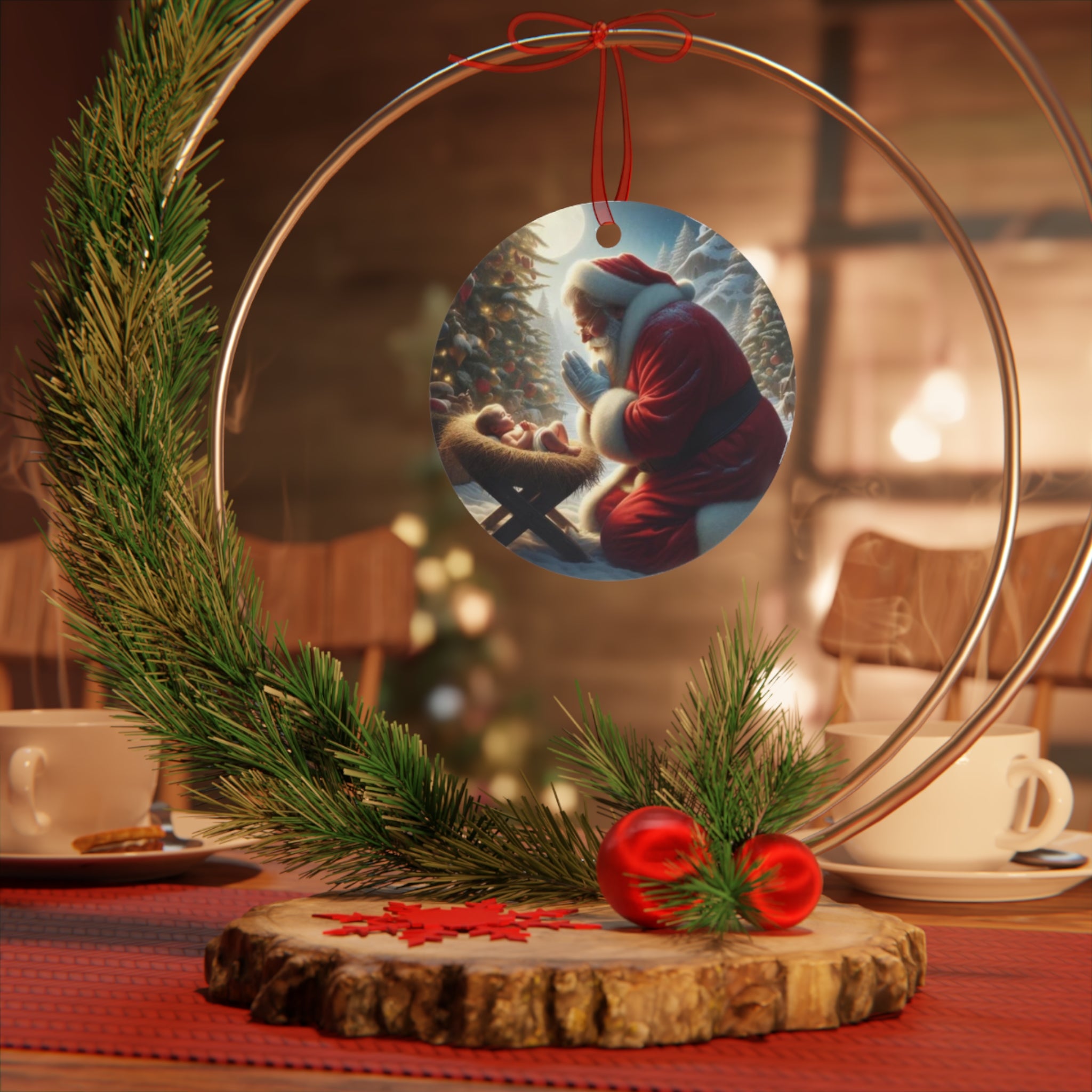 Christmas Metal Ornament, Santa Baby Jesus Ornament, Holiday Decor, Family Keepsake, Unique Gift, Personalized Decoration